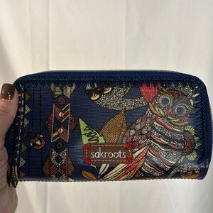 Sakroots Coated Canvas Colorful Owl & Floral Design Double Zip bohemian Wallet